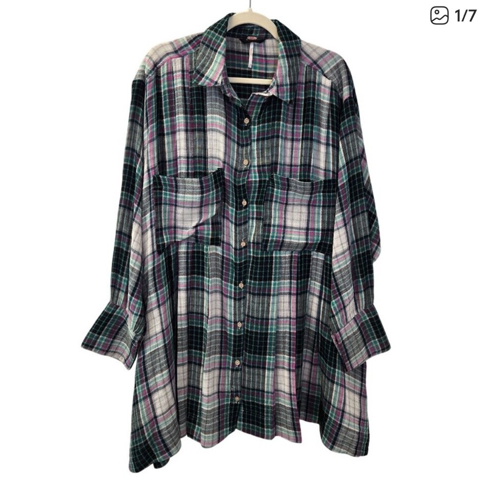 Free People Voyager Plaid Gauzy Button Down Shirt Dress Size Medium